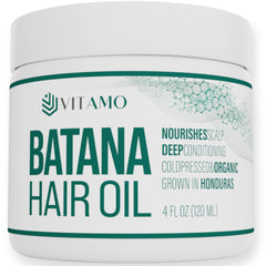 Vitamo Batana oil bottle shows pure cold-pressed formula for scalp care and shine.