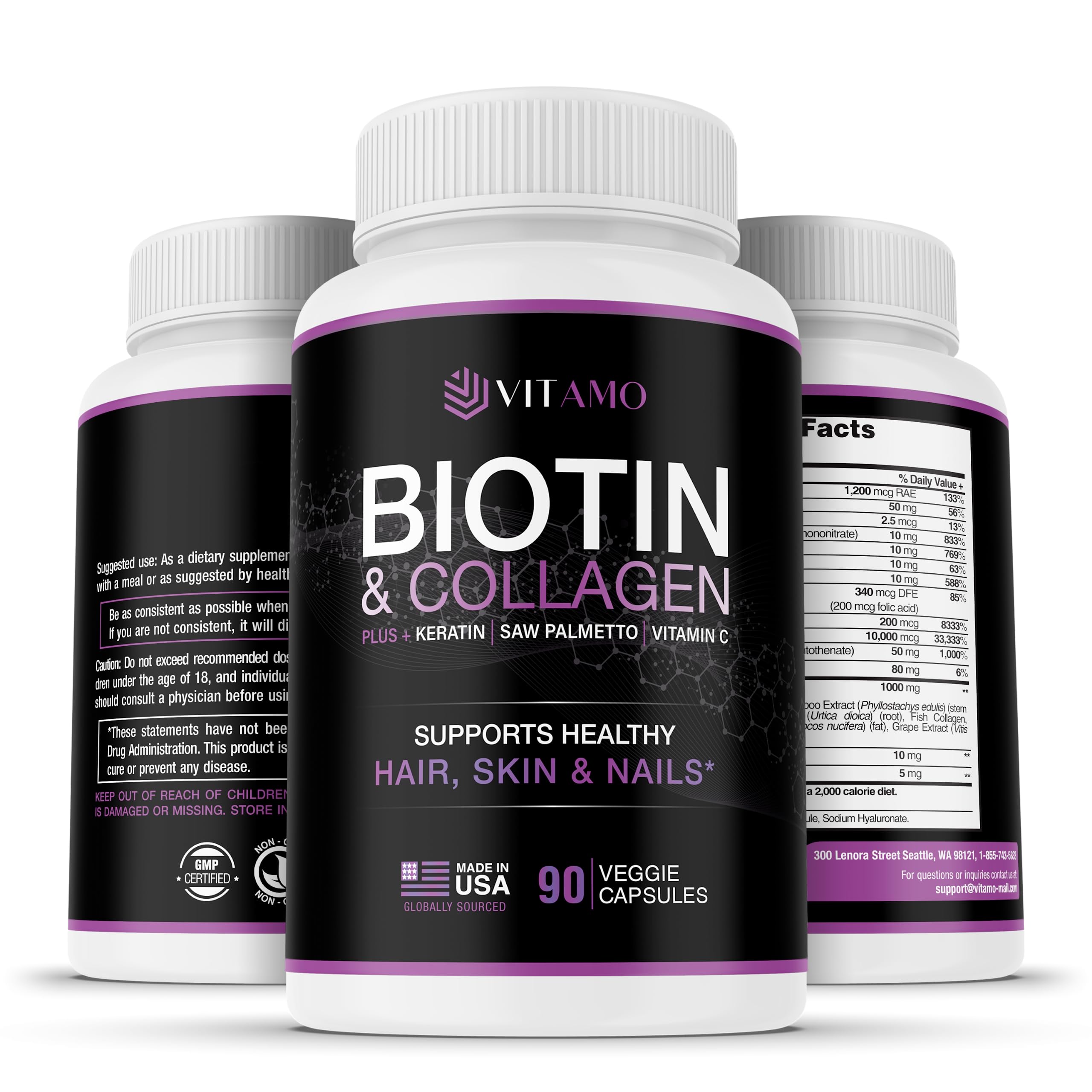 Vitamo postpartum hair loss vitamins bottle supports hair growth and daily wellness.