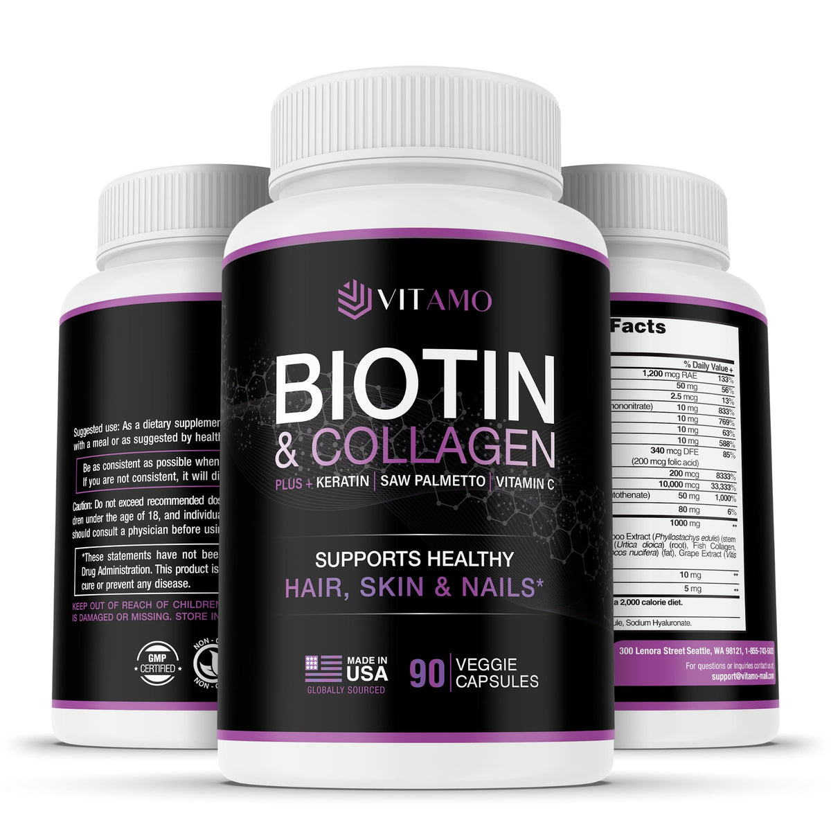 Vitamo postpartum hair loss vitamins bottle supports hair growth and daily wellness.