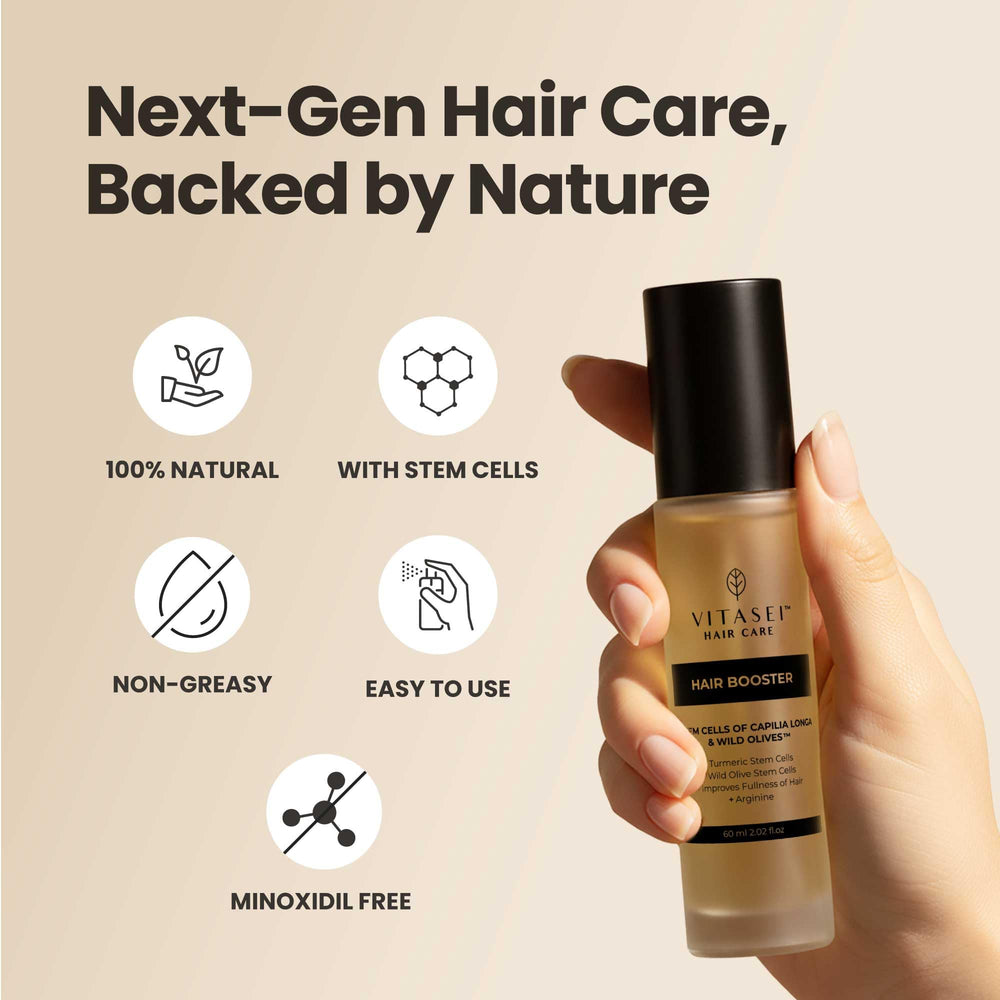 Vitasei Hair Booster features coffee seed extract for enhanced shine and manageability.