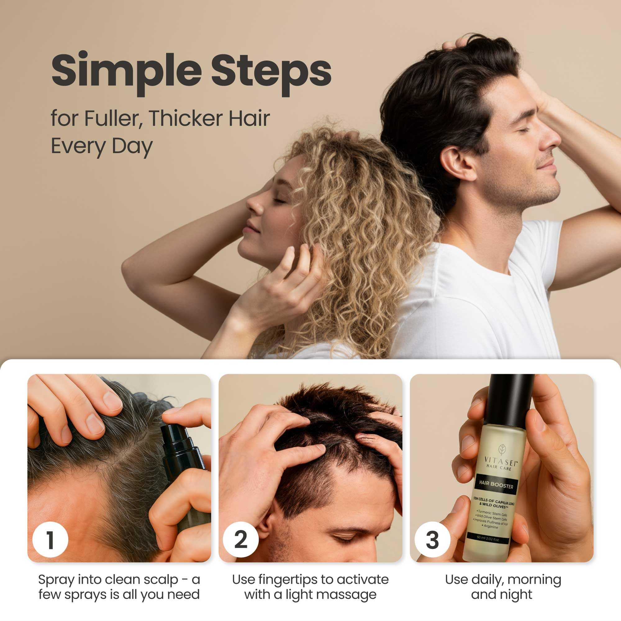 Vitasei Hair Booster highlights hyaluronic acid for hydration and softness.