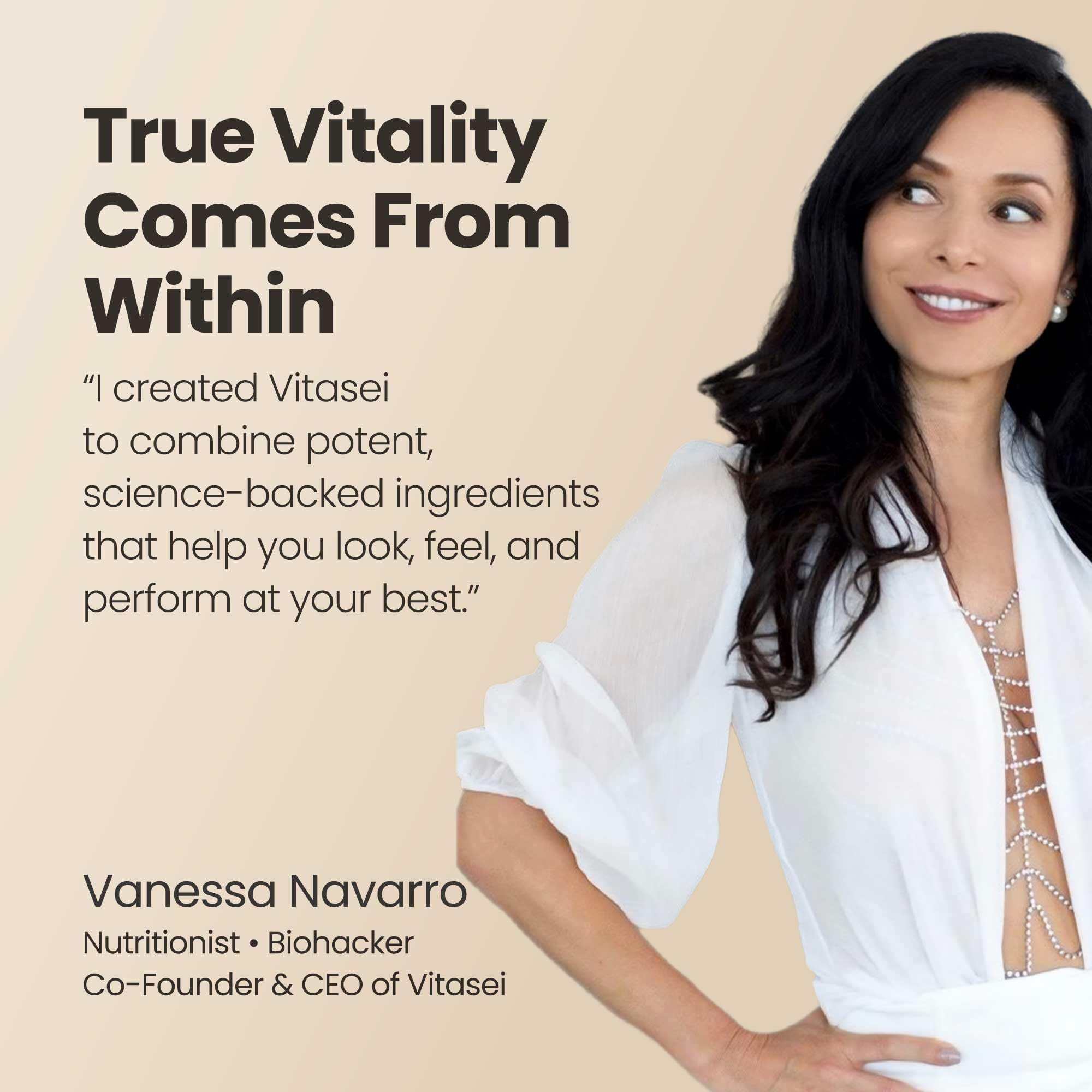 Vitasei Hair Booster model demonstrating thicker-looking hair after use.