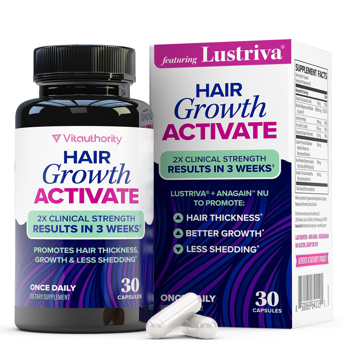 Vitauthority Lustriva bottle closeup for daily use in a simple hair care routine.