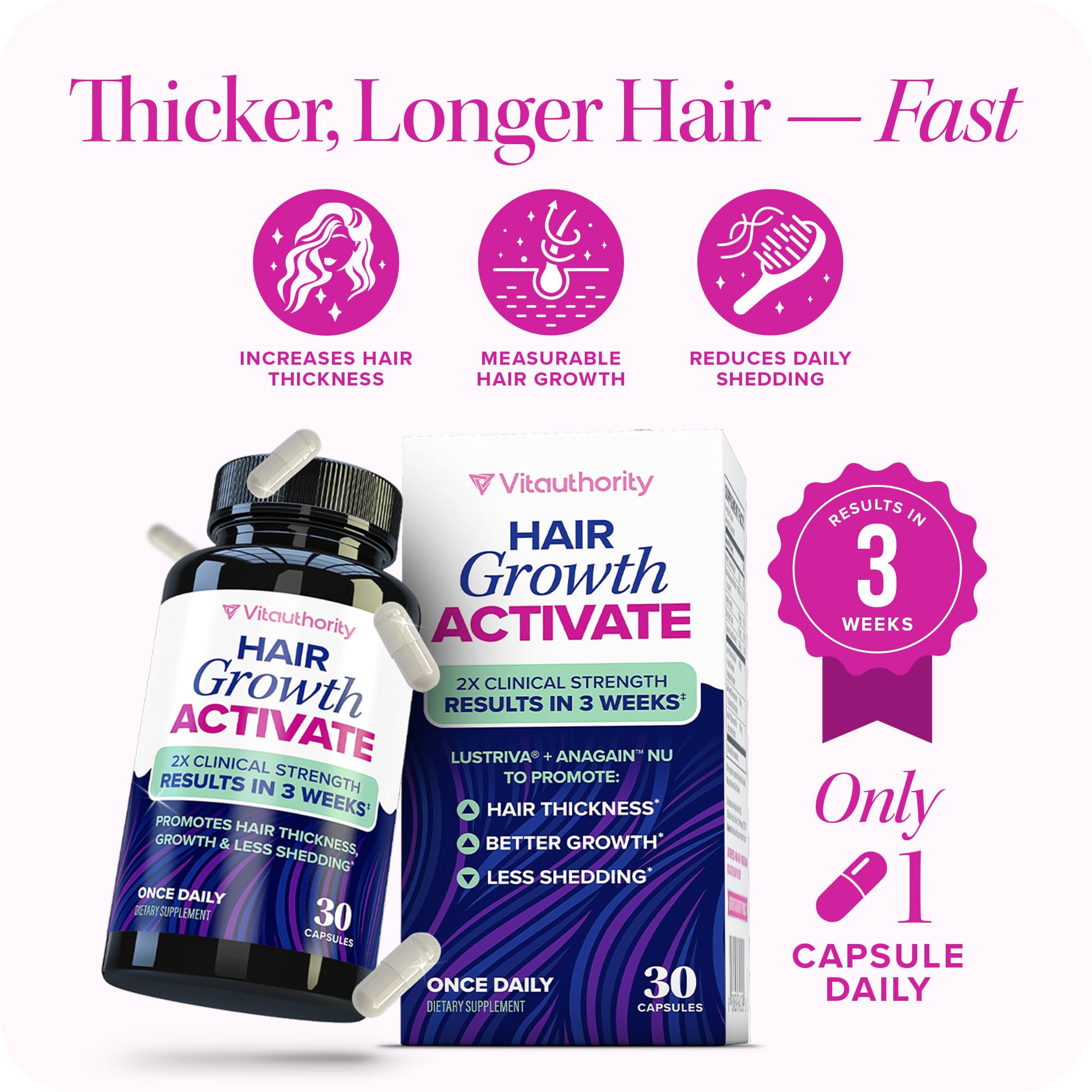 Vitauthority Lustriva hands holding bottle ready for daily hair care.
