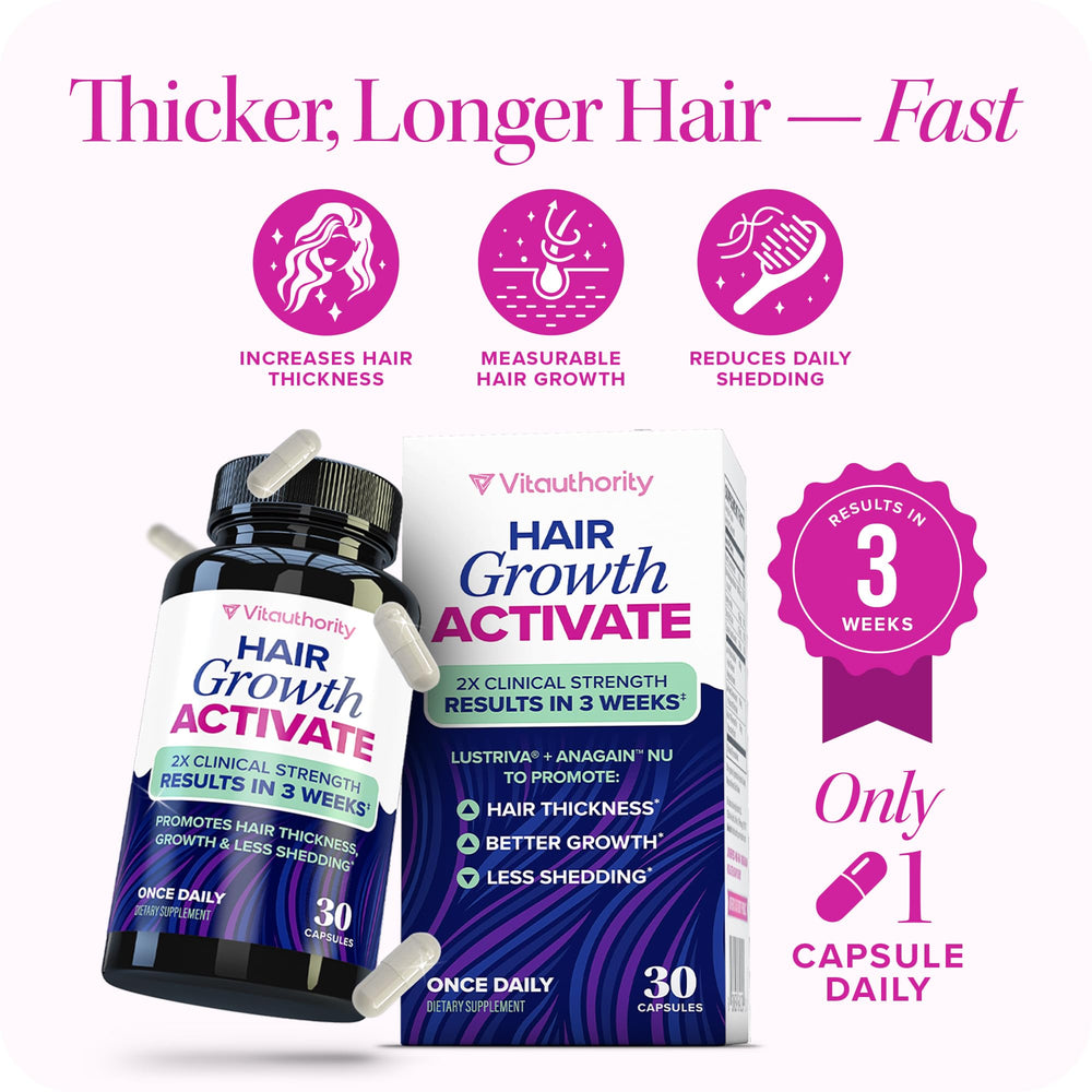 Vitauthority Lustriva hands holding bottle ready for daily hair care.