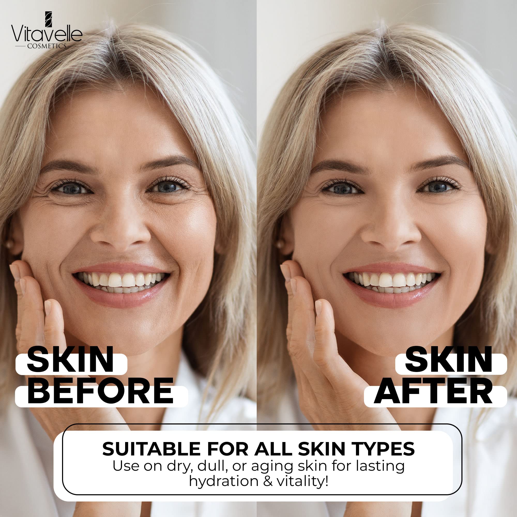 Vitavelle Hyaluronic Serum pump application on the face.