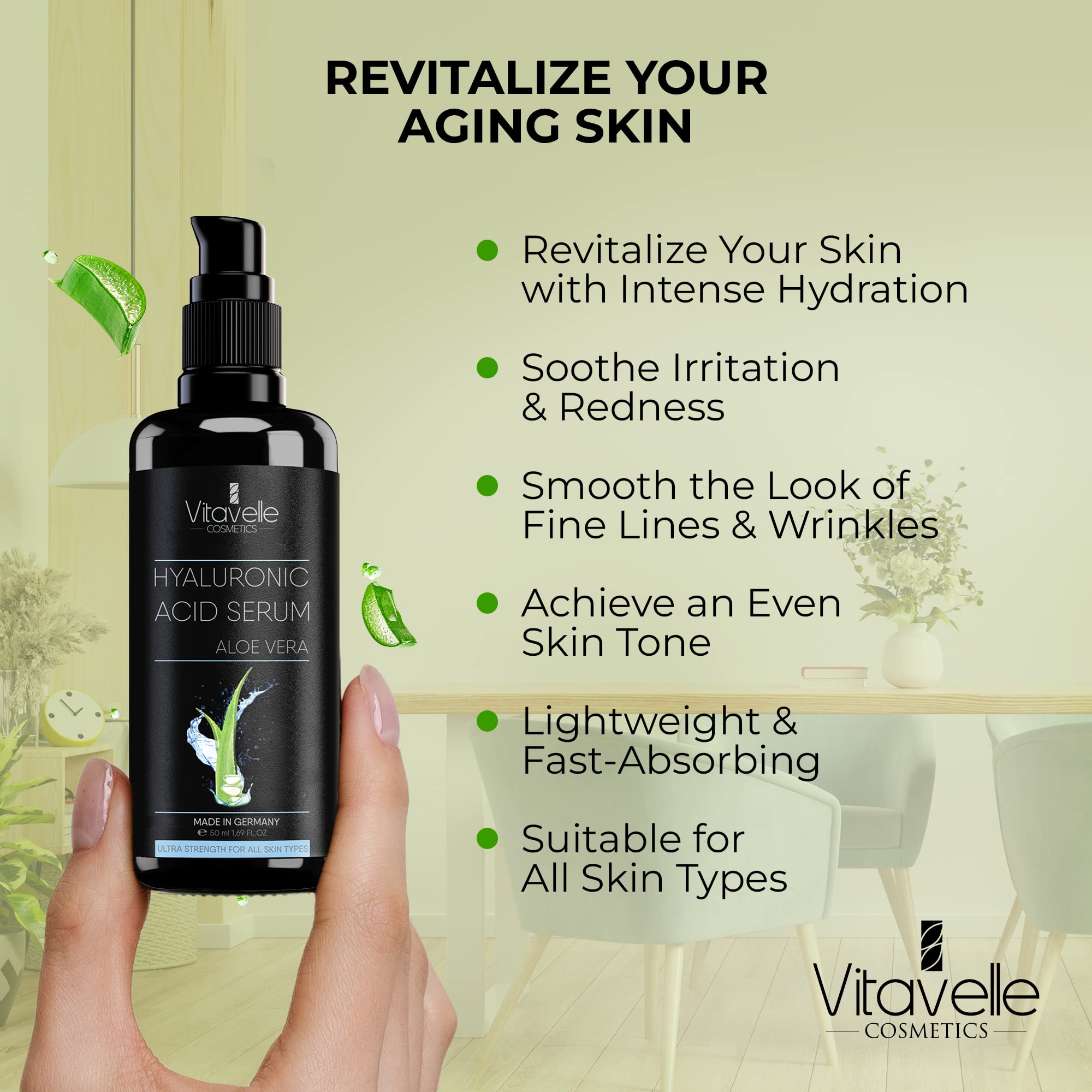Vitavelle serum droplets on skin illustrating instant hydration.