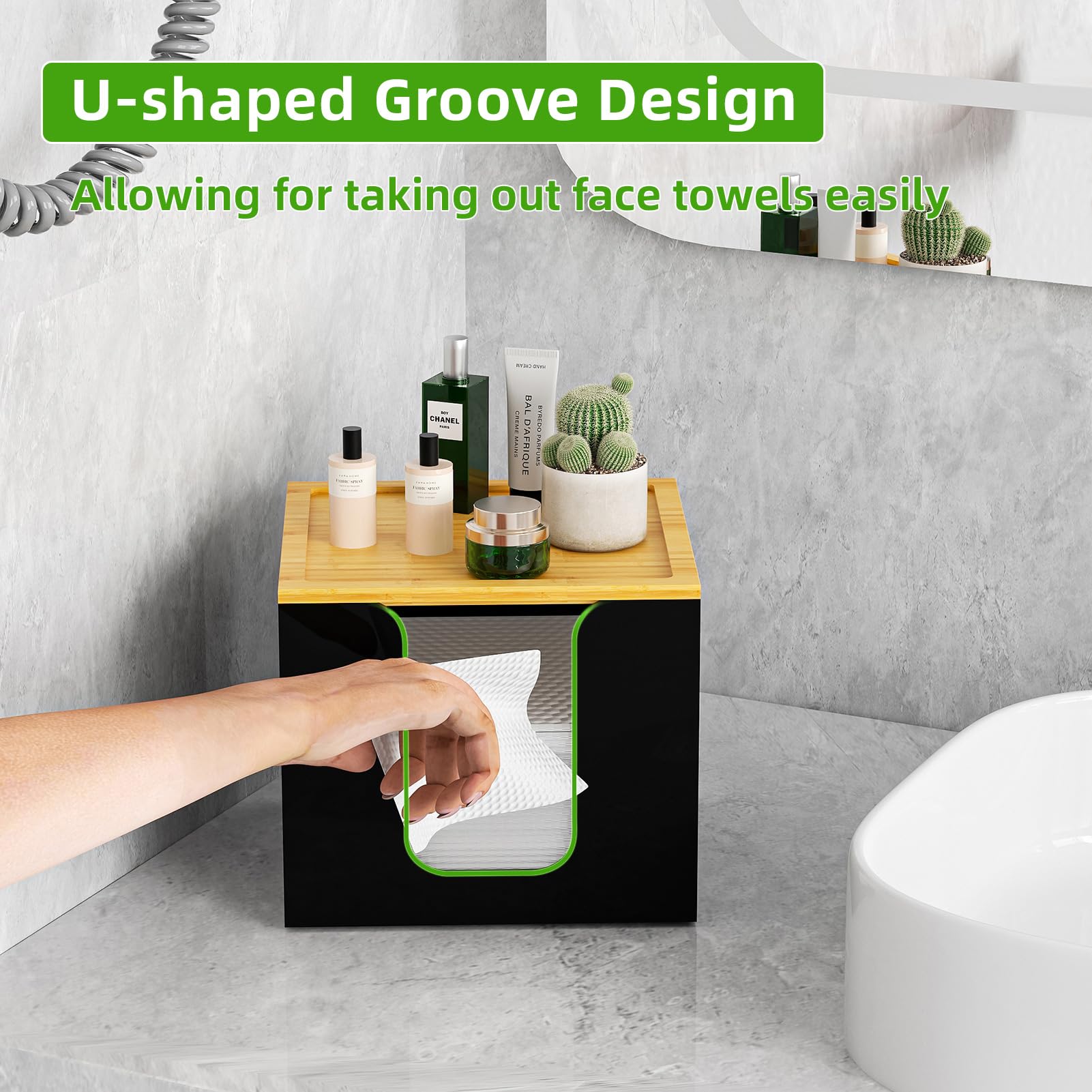 VITVITI bamboo lid adds discreet storage for small makeup items beside towels.