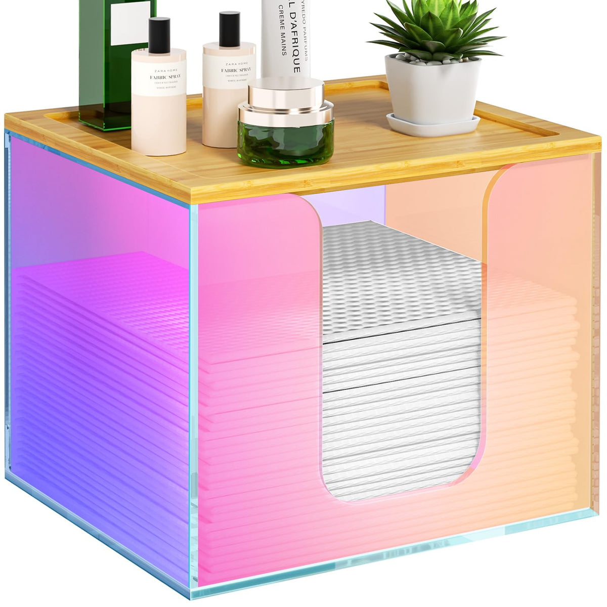 VITVITI disposable face towel holder box shows clear acrylic with bamboo design, adding a stylish bathroom touch.