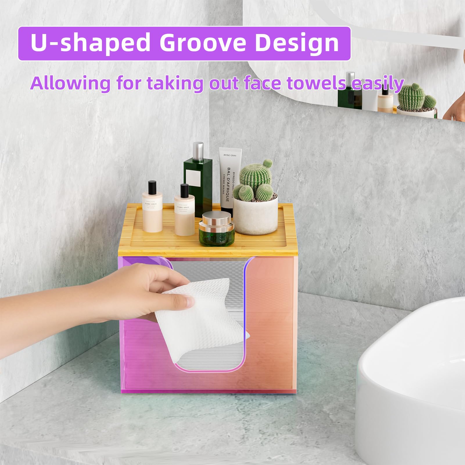 VITVITI bamboo-lid storage on face towel holder box keeps makeup essentials organized.