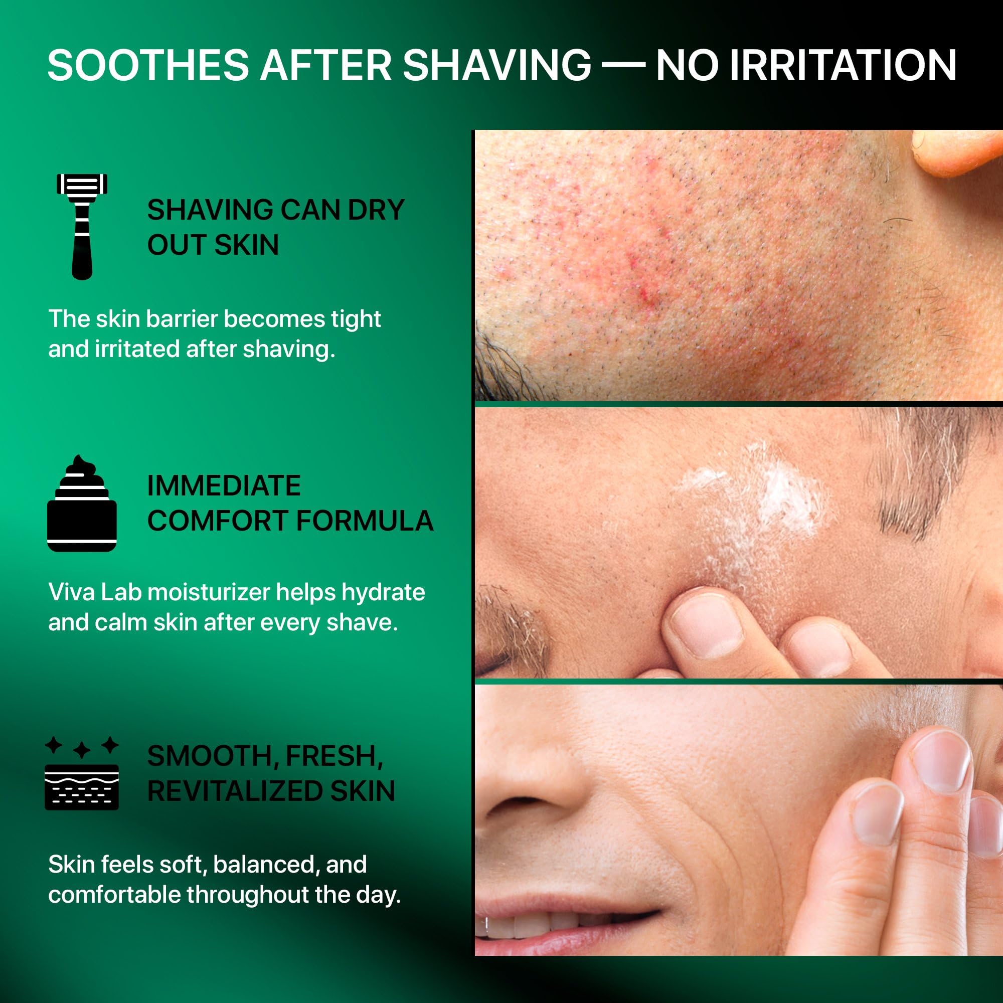 Viva Lab after-shave comfort image with aloe and panthenol benefits.