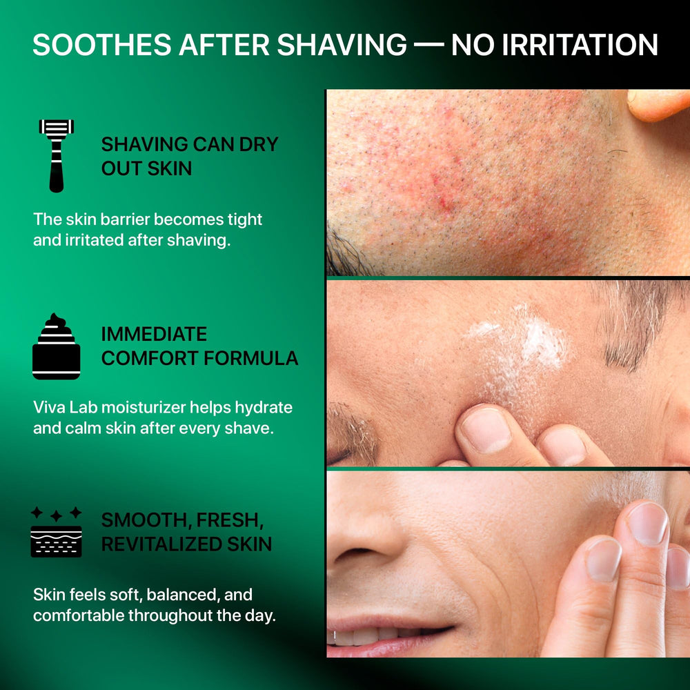 Viva Lab after-shave comfort image with aloe and panthenol benefits.