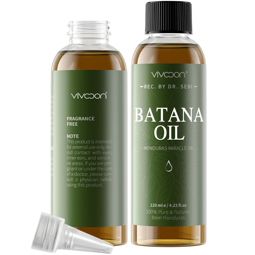 Vivccon Batana Oil bottle with pour spout for hair nourishment.