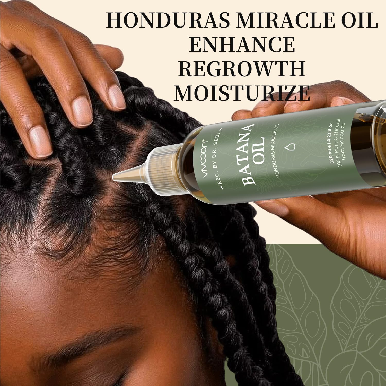 Vivccon Batana Oil on shelf with Dr. Sebi reference.