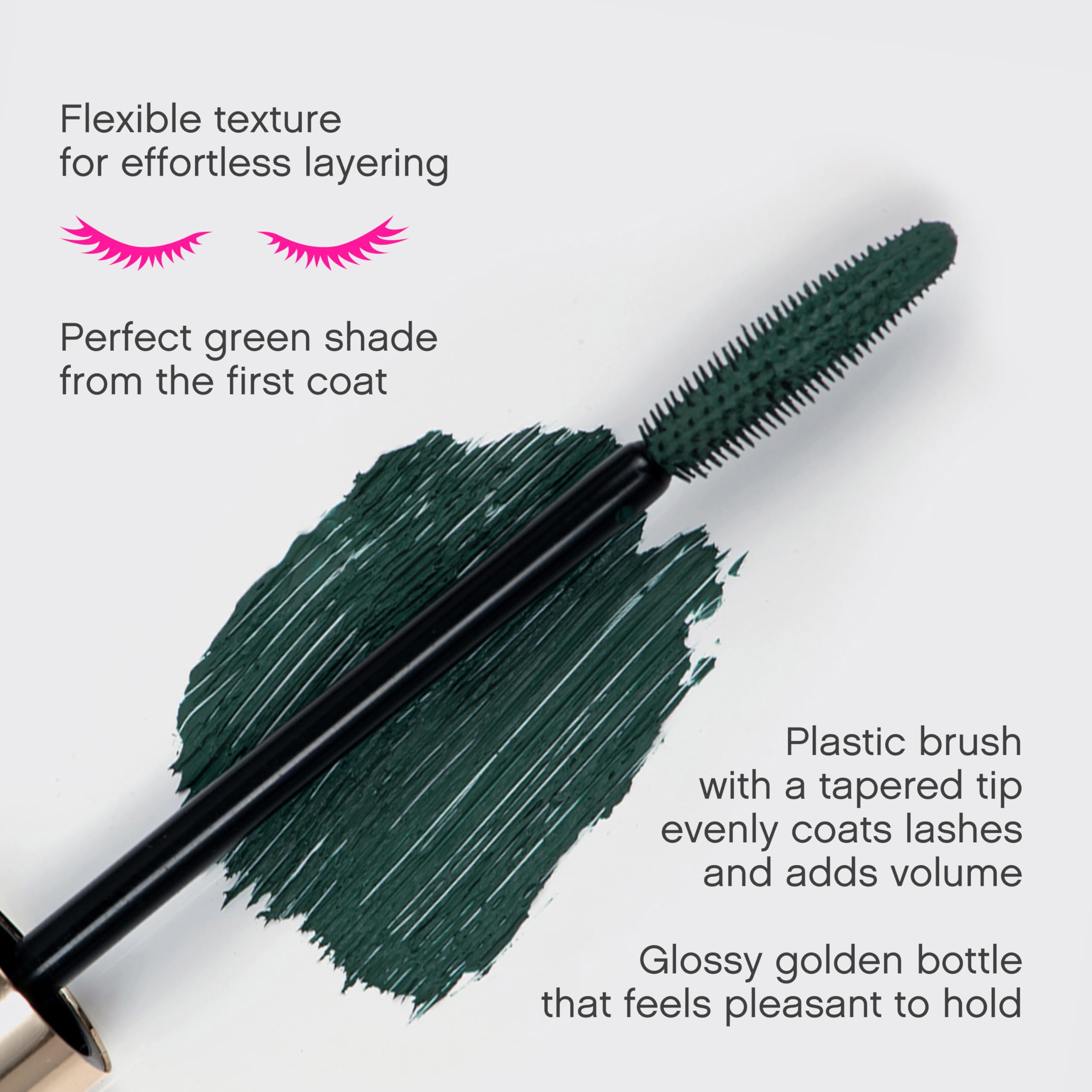 Vivienne Sabó Cabaret Premiere Green Mascara brush detail highlights lightweight formula and smudge resistance.