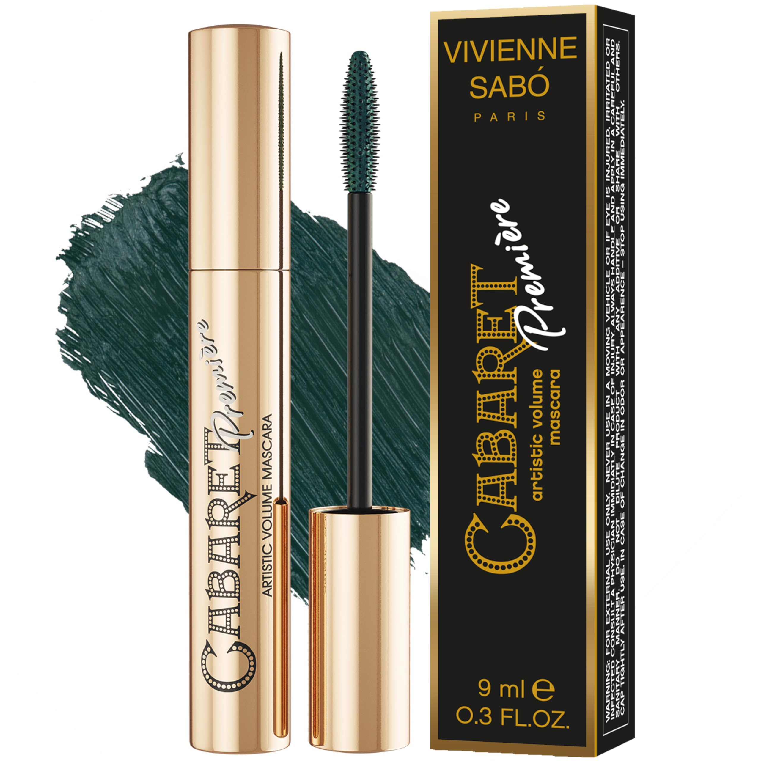 Vivienne Sabó Cabaret Premiere Green Mascara tube shows sleek packaging for defined lashes.