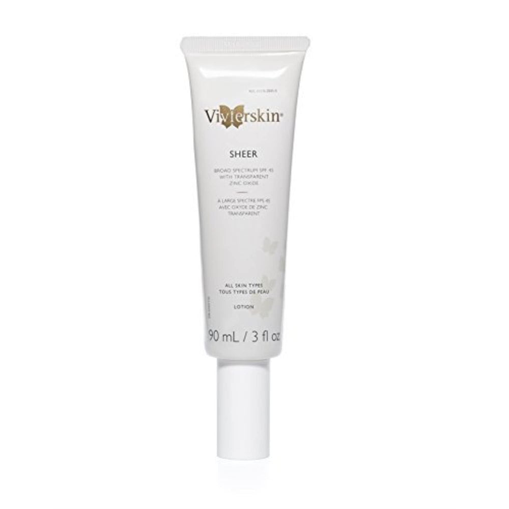 Vivier Skin SPF 45 sheer bottle highlighting weightless sunscreen with UVA/UVB protection