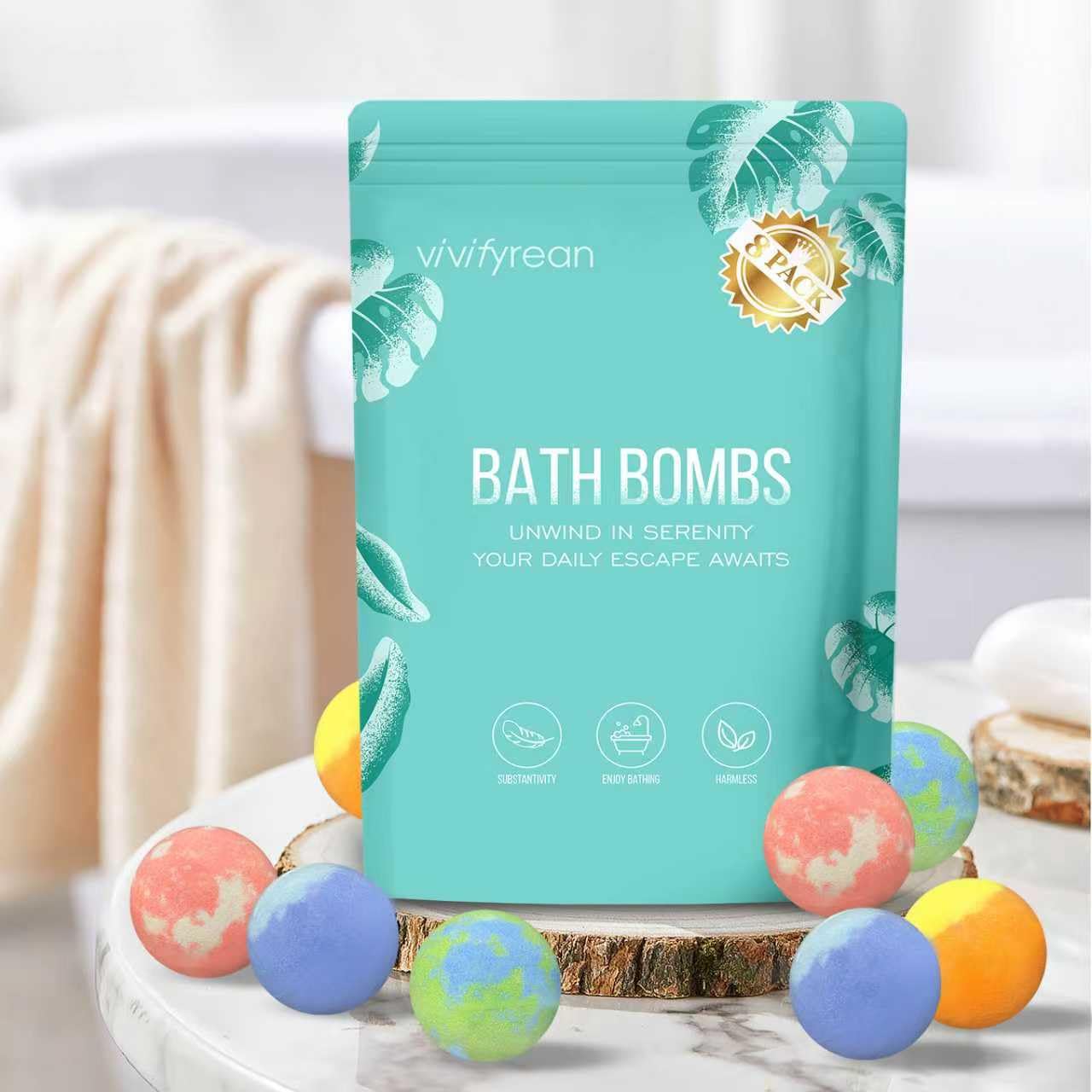 Vivifyrean Eucalyptus and Mint bath bomb for stress relief during baths.