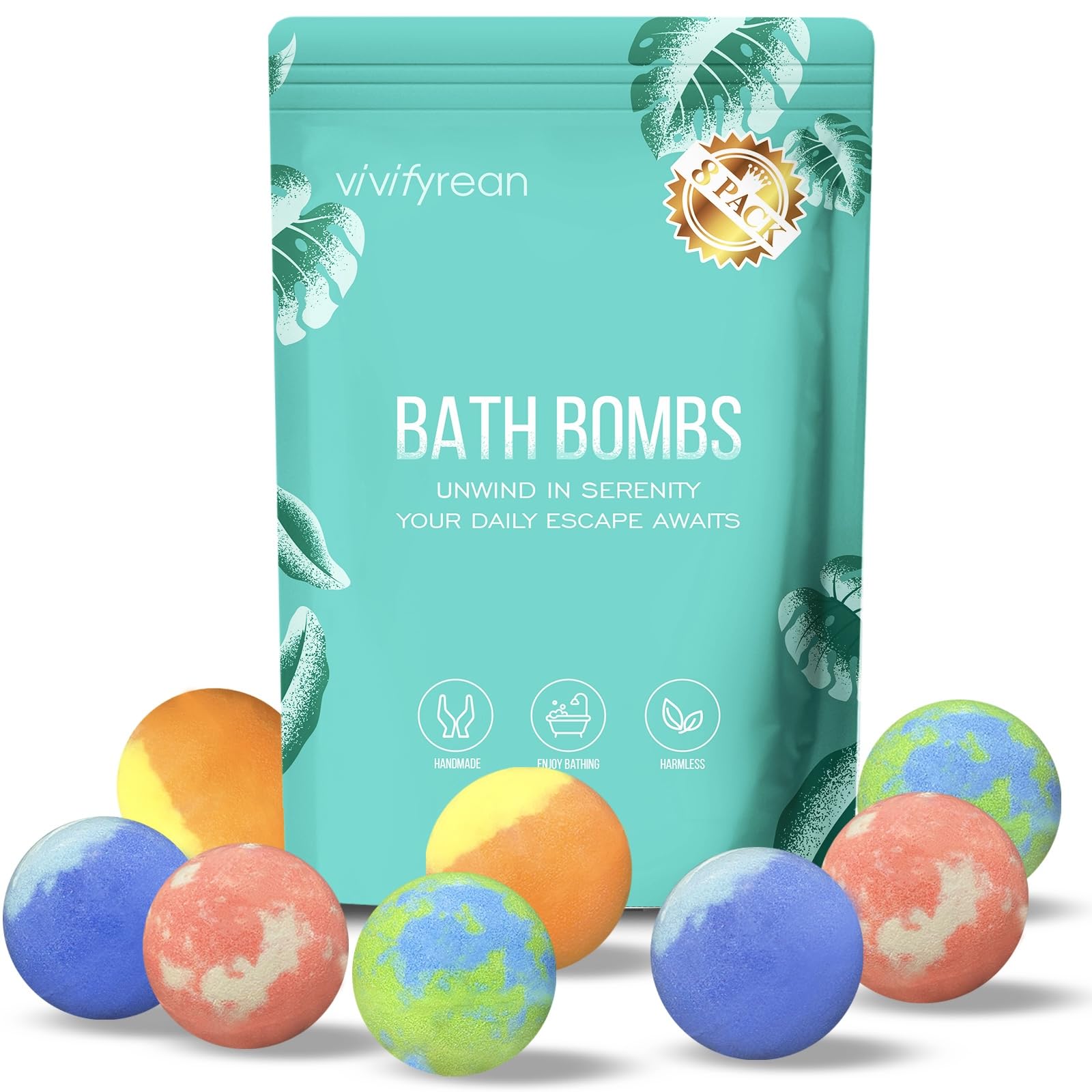 Vivifyrean Bath Bombs Gift Set with 8 colorful bombs for a luxurious bath.