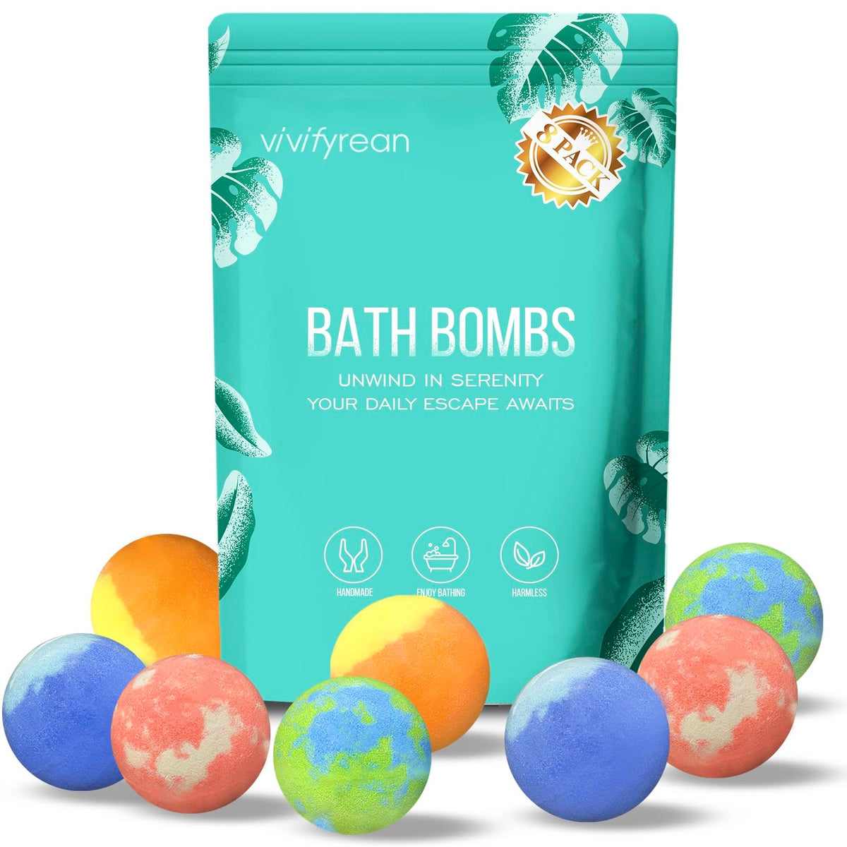 Vivifyrean Bath Bombs Gift Set with 8 colorful bombs for a luxurious bath.