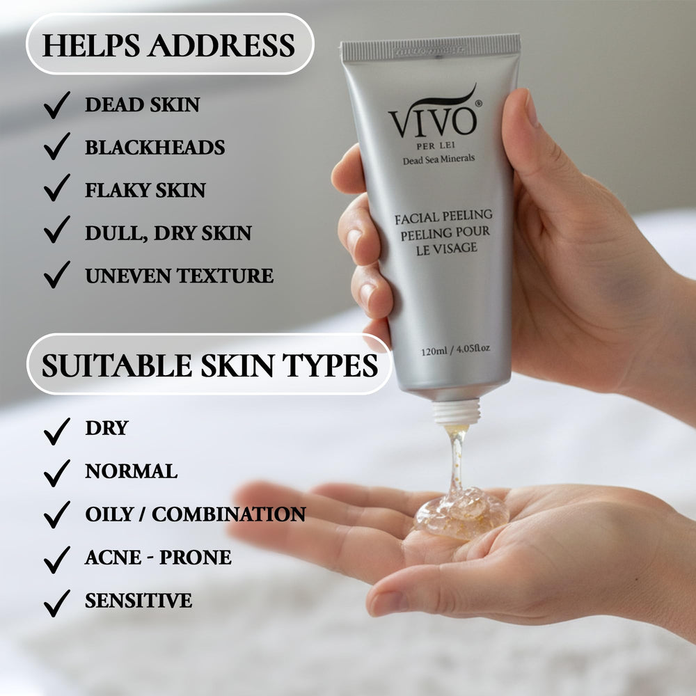 Vivo Per Lei ingredient visual with Dead Sea salt and nut shell powder for gentle exfoliation.
