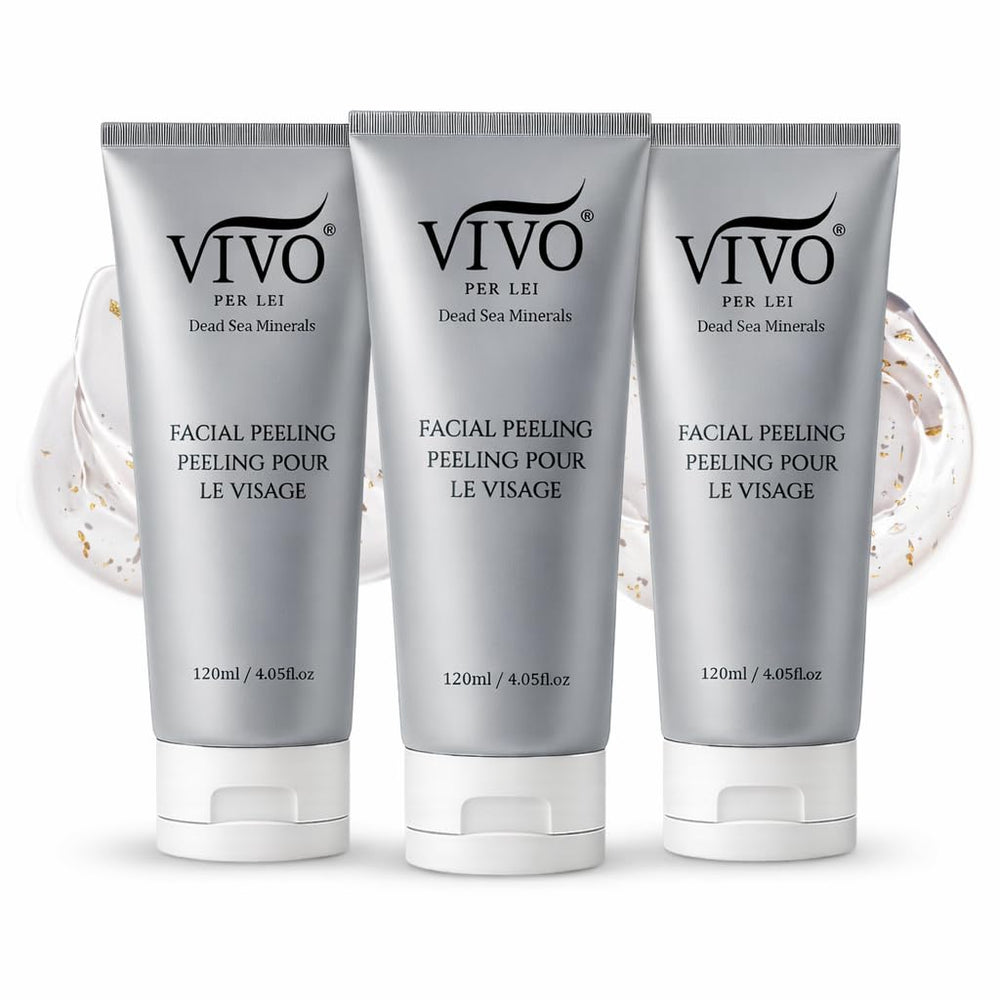 Vivo Per Lei facial peeling gel being applied to dry skin for gentle exfoliation.