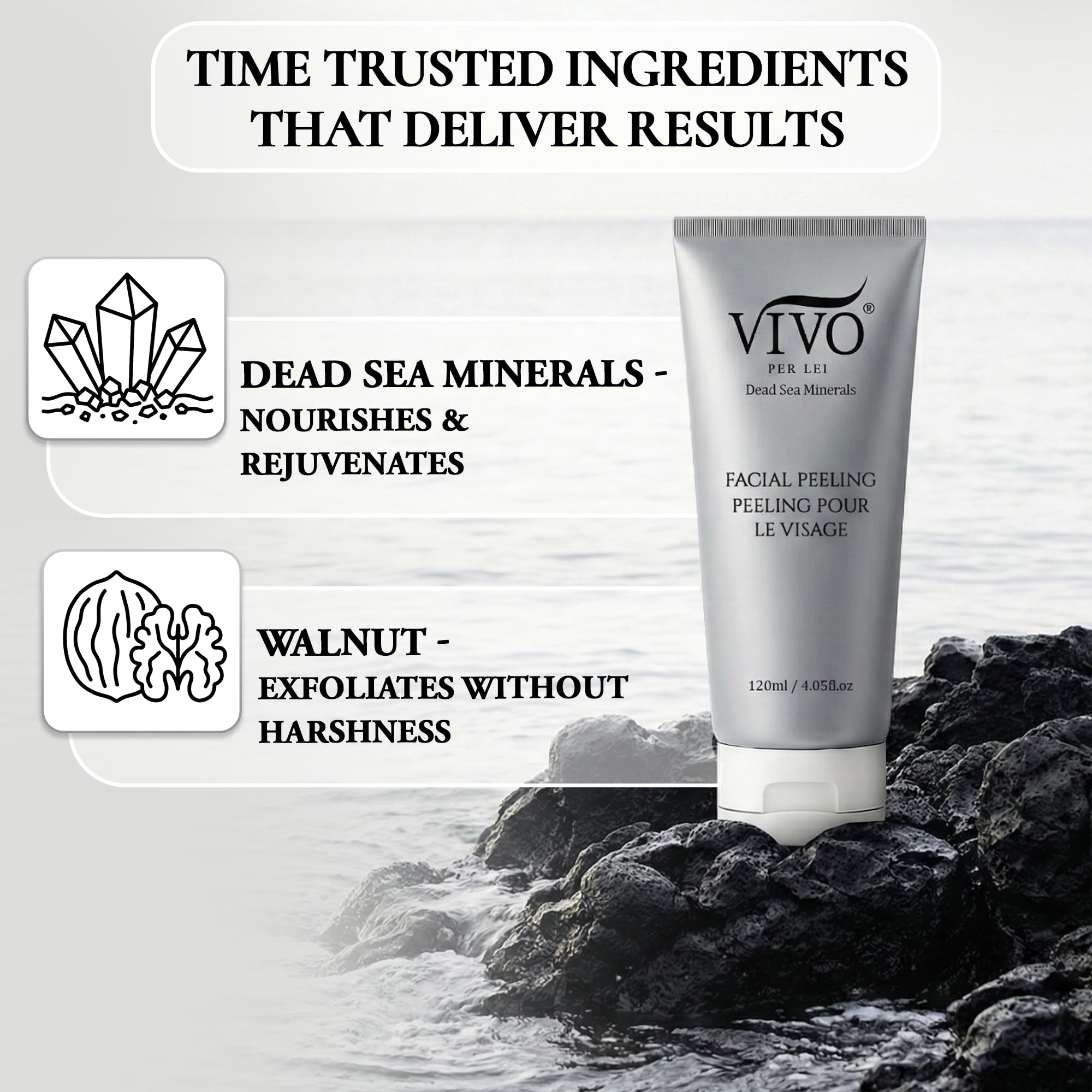 Vivo Per Lei suitable for sensitive skin, non-abrasive formula.