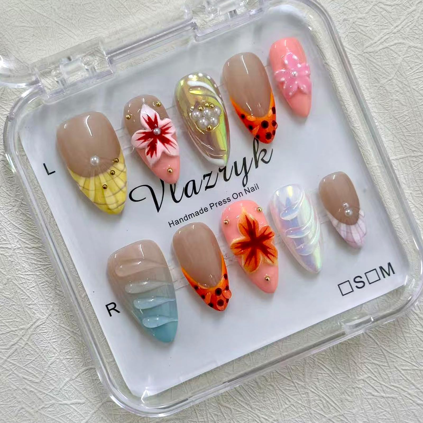 Vlazryk handmade press-on nails with luxury almond 3D flowers for elegant events