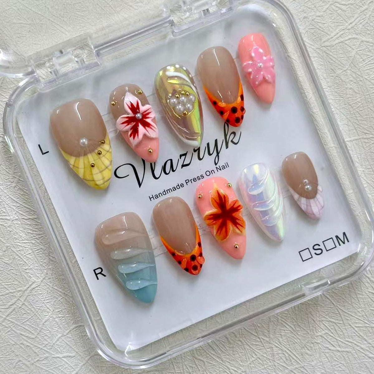 Vlazryk handmade press-on nails with luxury almond 3D flowers for elegant events