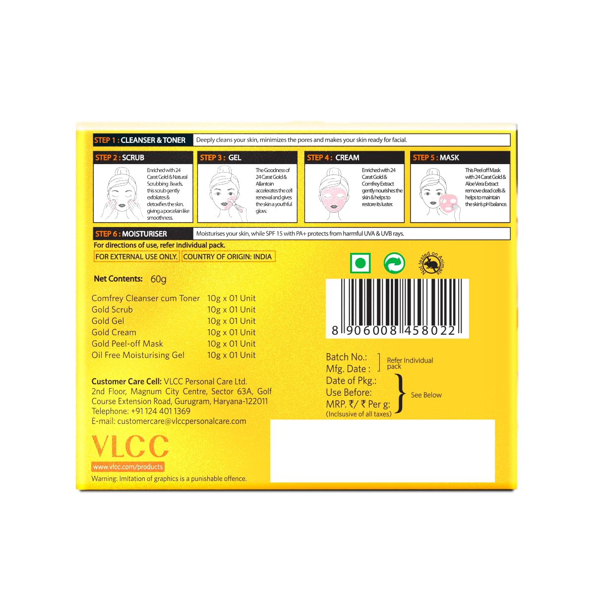 Ingredients shot of VLCC Gold Facial Kit hints at premium components.