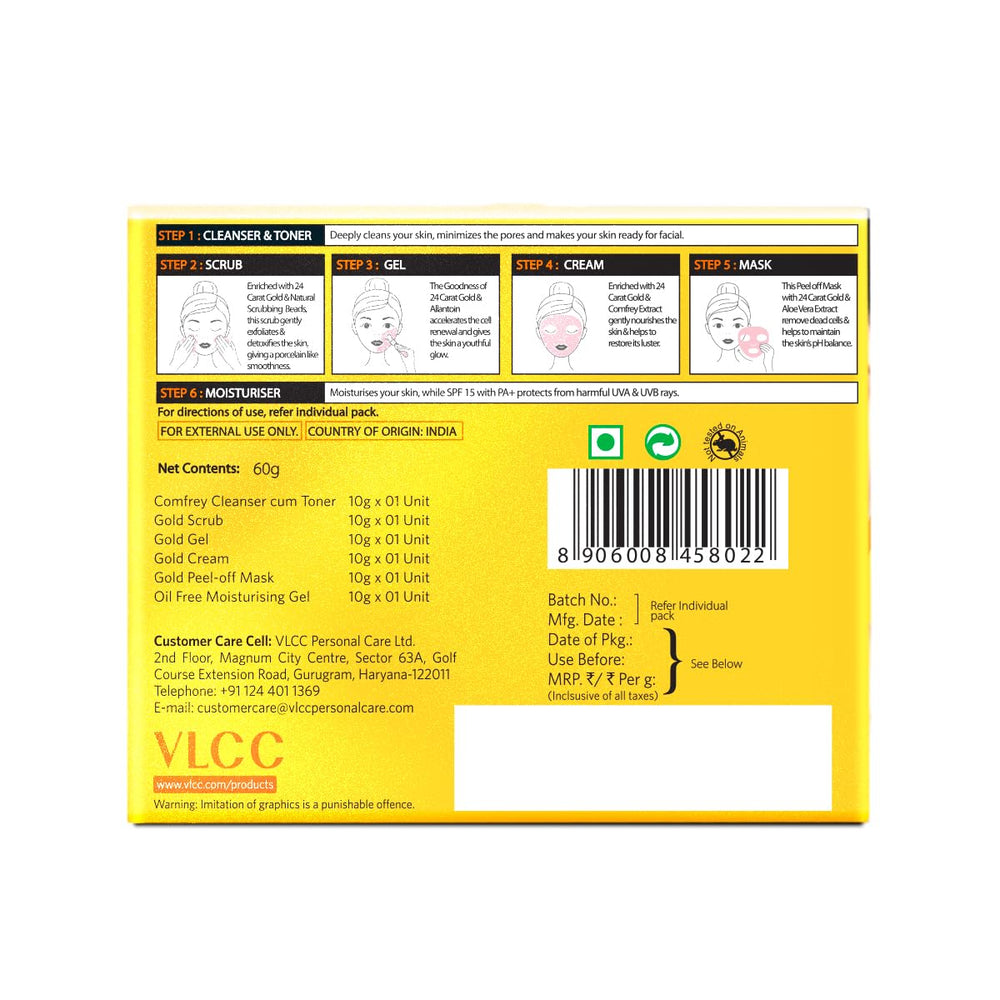 Ingredients shot of VLCC Gold Facial Kit hints at premium components.