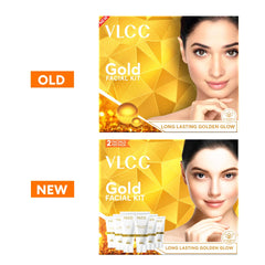 Close-up of VLCC Gold Facial Kit jar showing rich gold serum texture.