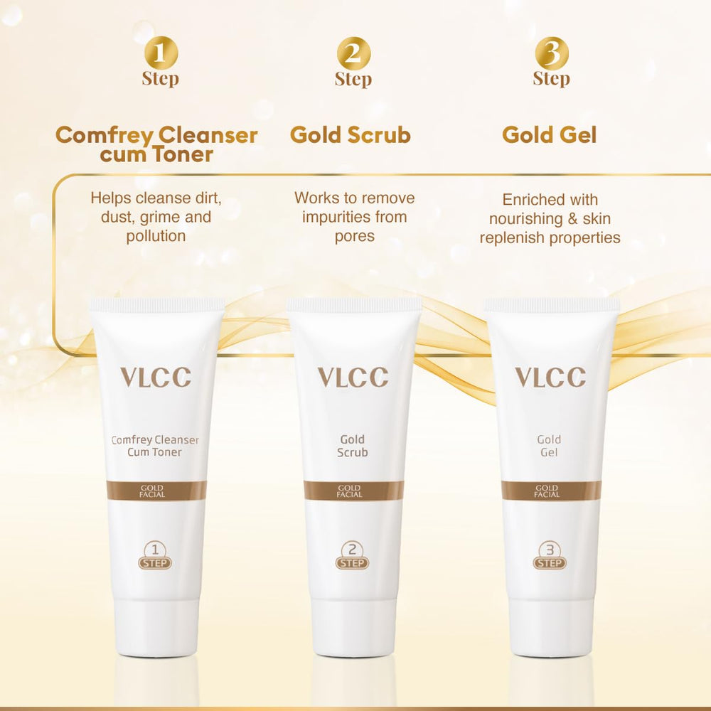 Texture closeup of VLCC gold facial product suggests luxurious feel.