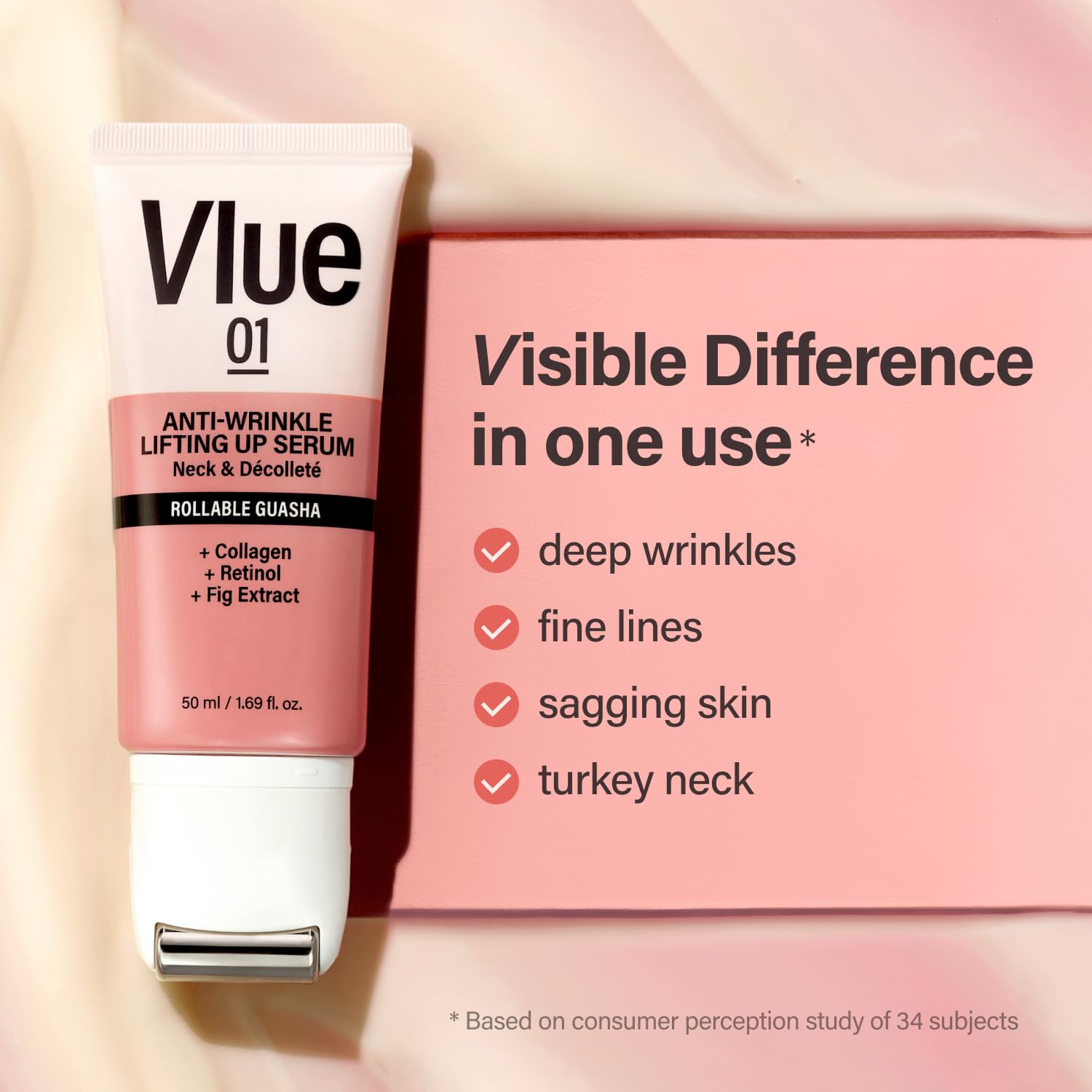 VLUE neck cream during application demonstrates lifting potential.