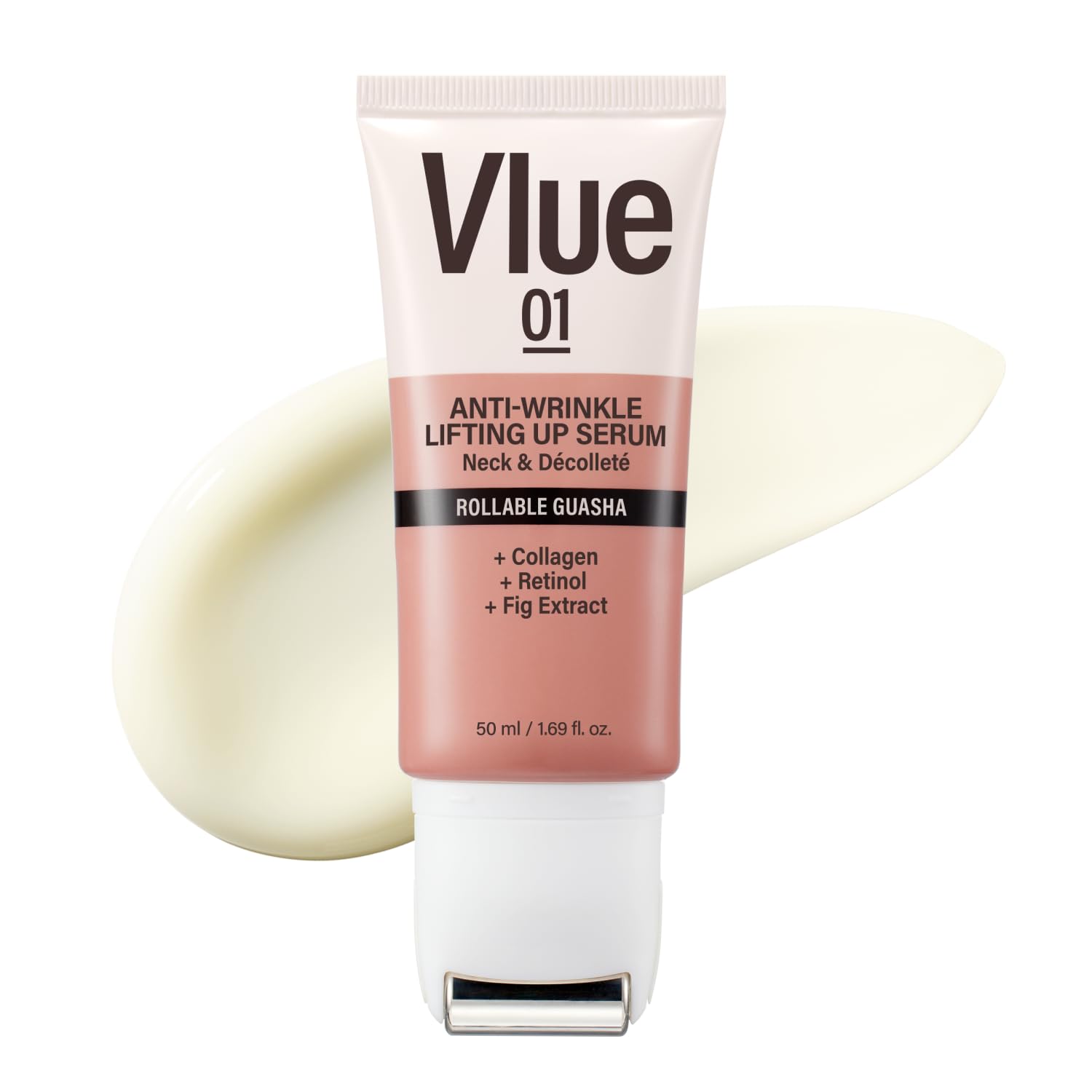 VLUE Retinol Guasha Neck Cream bottle shows premium hydration formula.