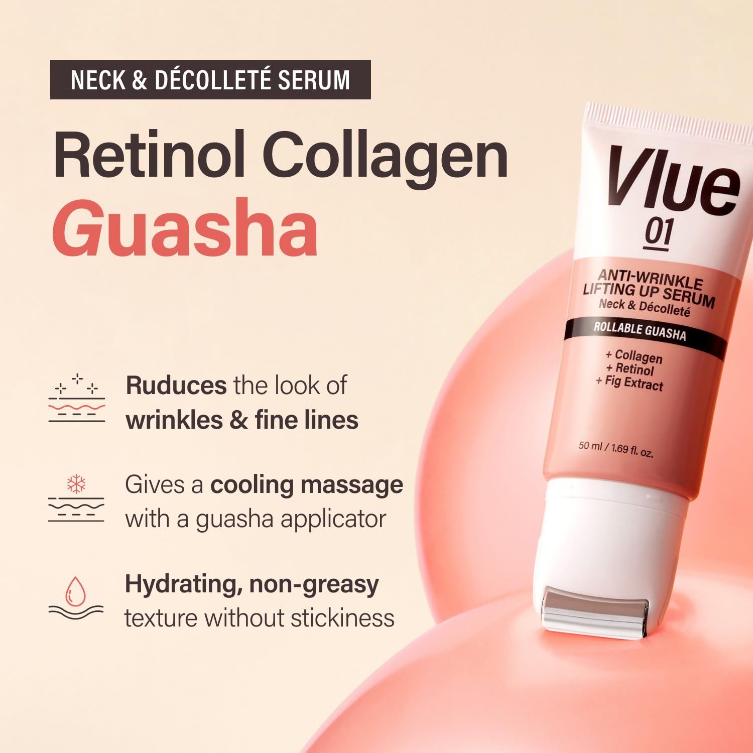 VLUE Guasha massager applicator enables targeted firming and absorption.