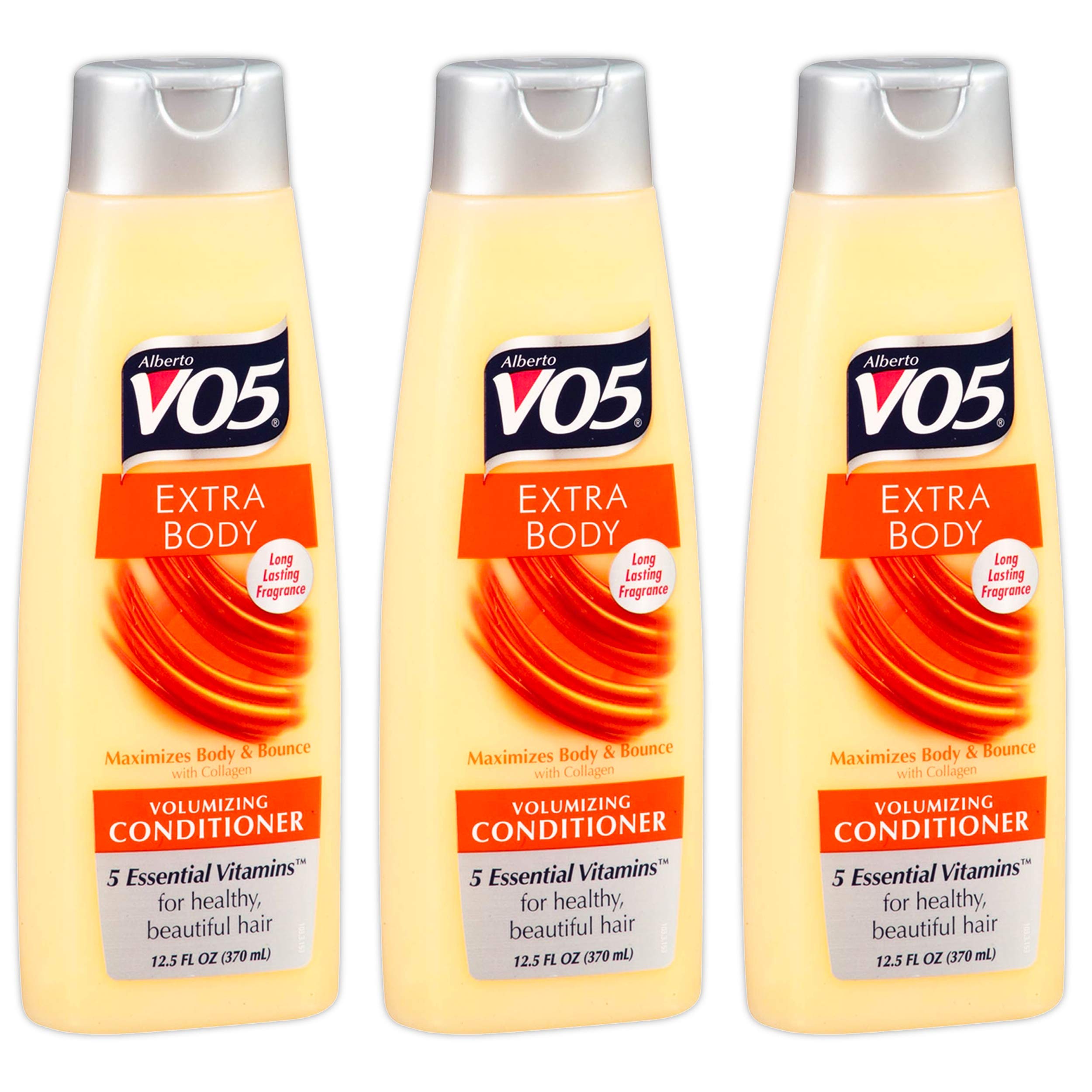 Alberto VO5 Extra Body conditioner bottle pour for lightweight volume and easy detangling.