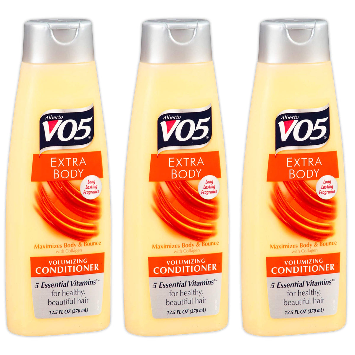 Alberto VO5 Extra Body conditioner bottle pour for lightweight volume and easy detangling.