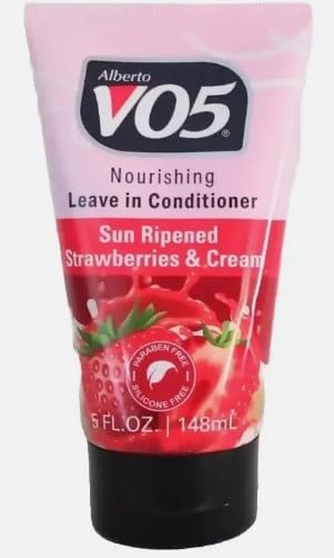 VO5 Nourishing Leave-in Conditioner bottle with Sun Ripened Strawberries & Cream for detangling.