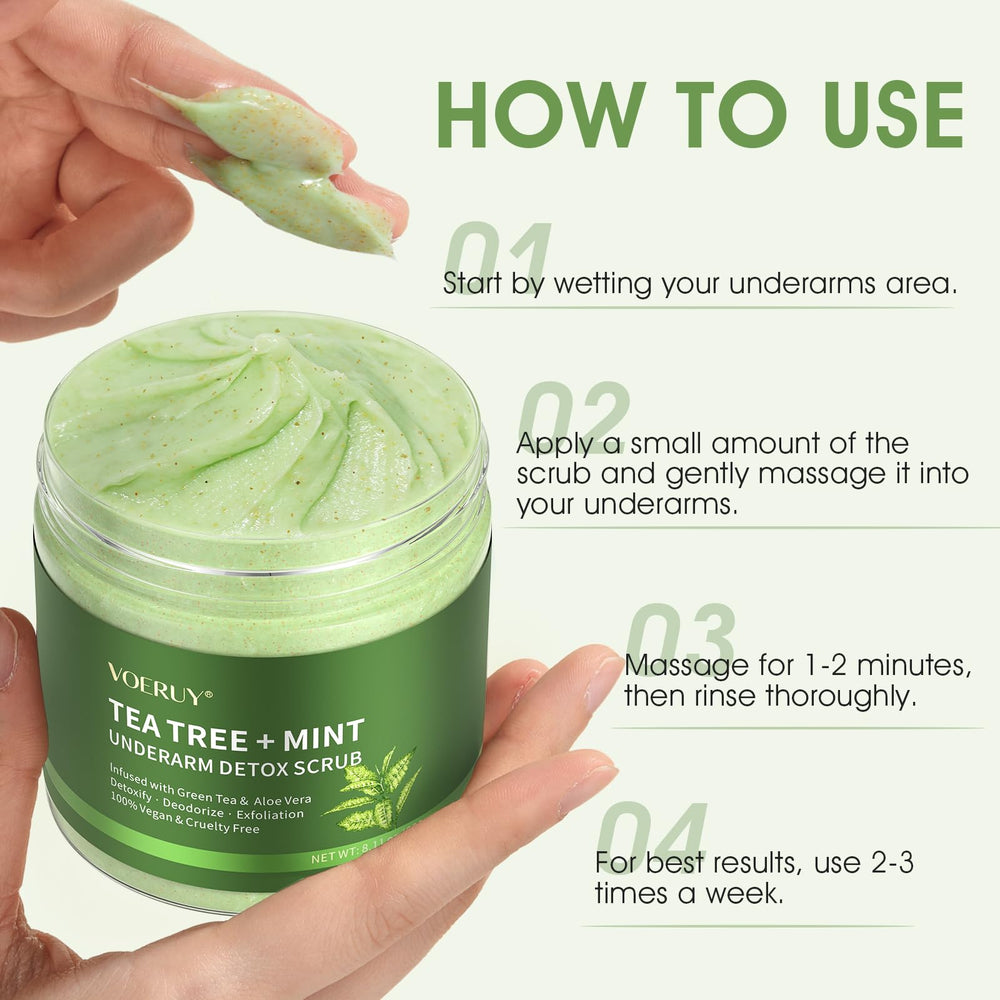 VOERUY Armpit Detox Scrub bottle close-up showing natural ingredients
