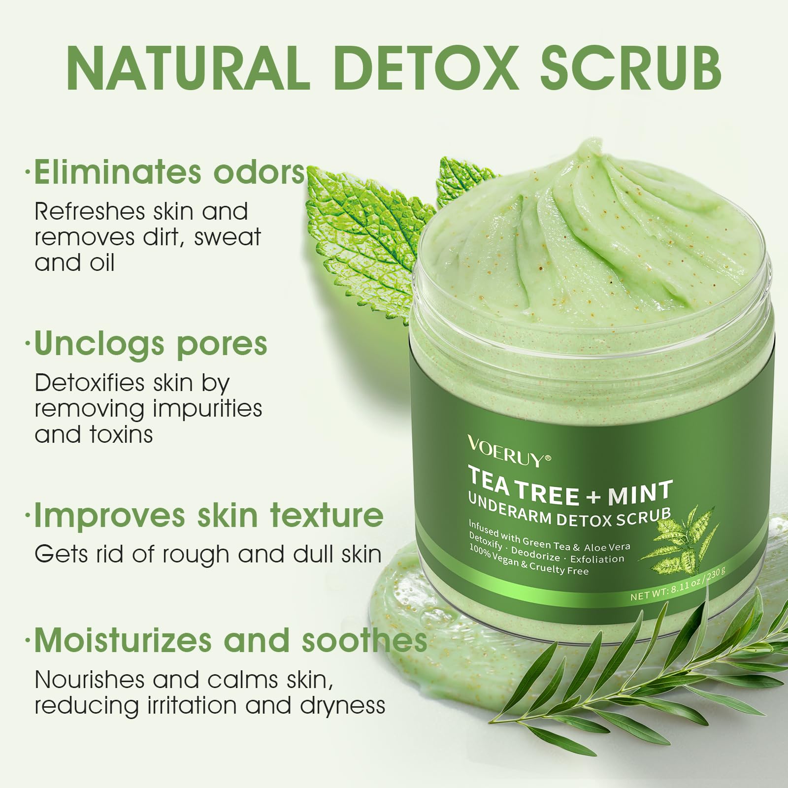VOERUY Armpit Detox Scrub close-up of the Tea Tree and Mint formula
