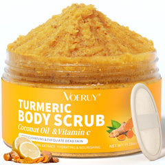 VOERUY turmeric body scrub bottle close-up for radiant skin