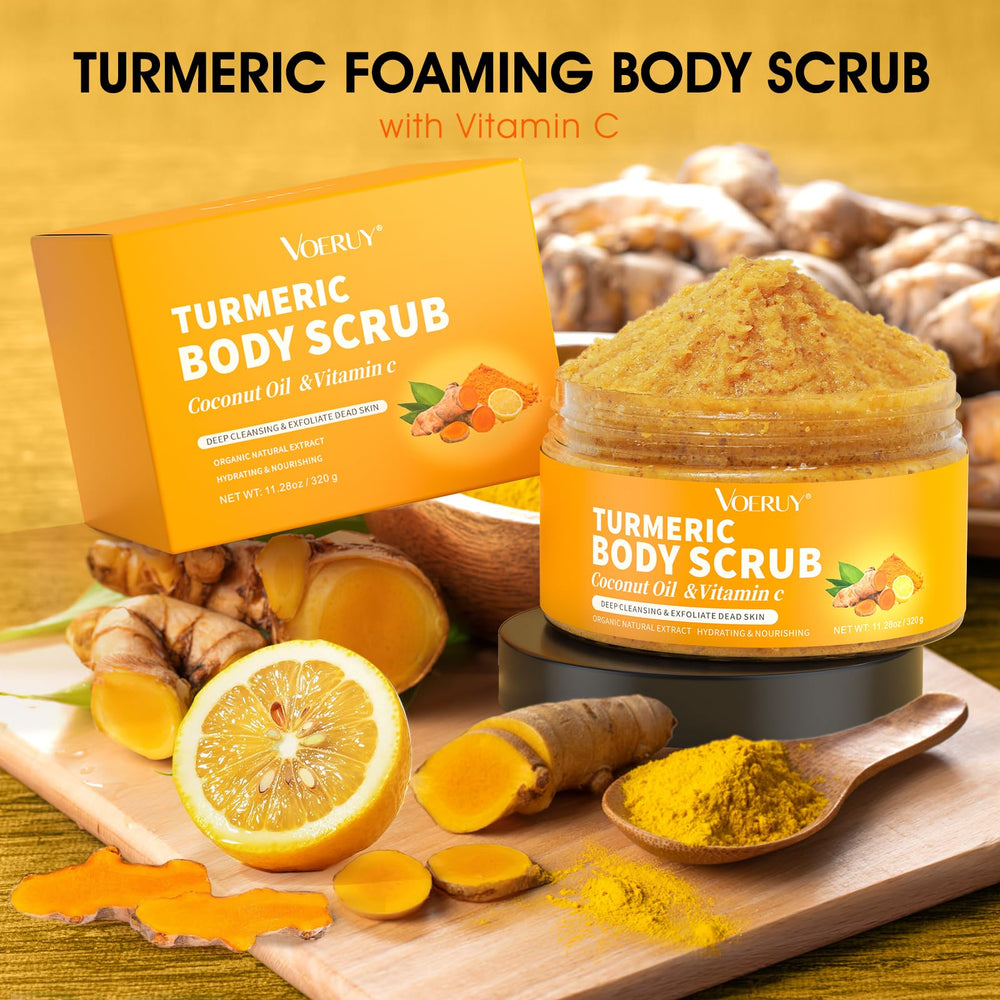 VOERUY turmeric scrub packaging on bathroom shelf