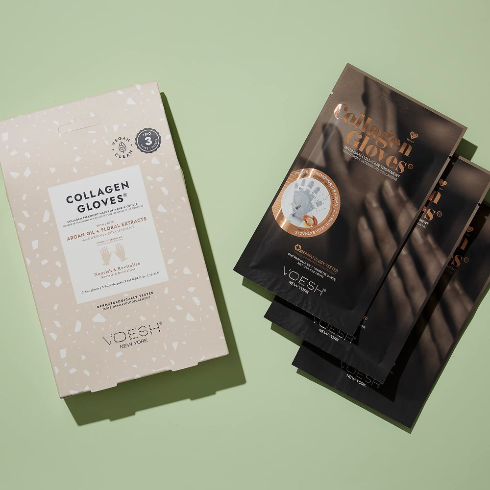 VOESH collagen gloves infused with argan oil and shea butter for softness.