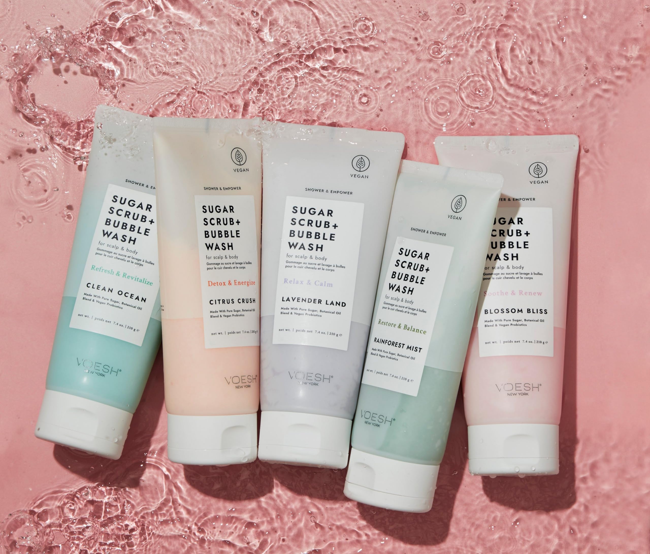 VOESH Citrus Crush shower scene emphasizing refreshing scent and routine.