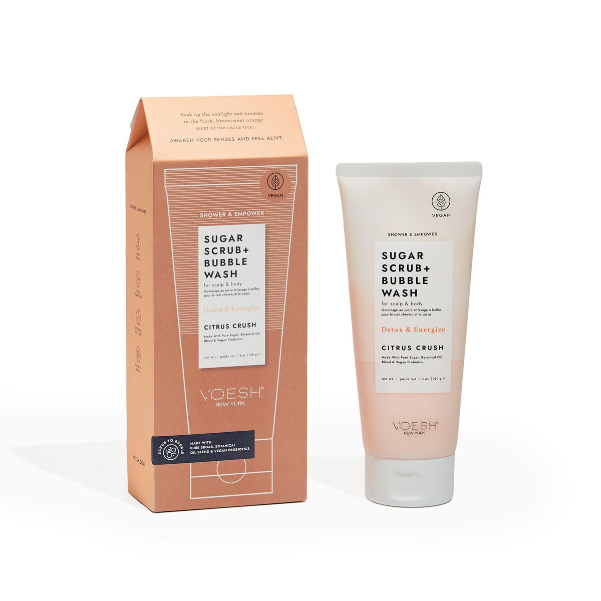 VOESH Citrus Crush Sugar Scrub bottle pour for easy exfoliation.