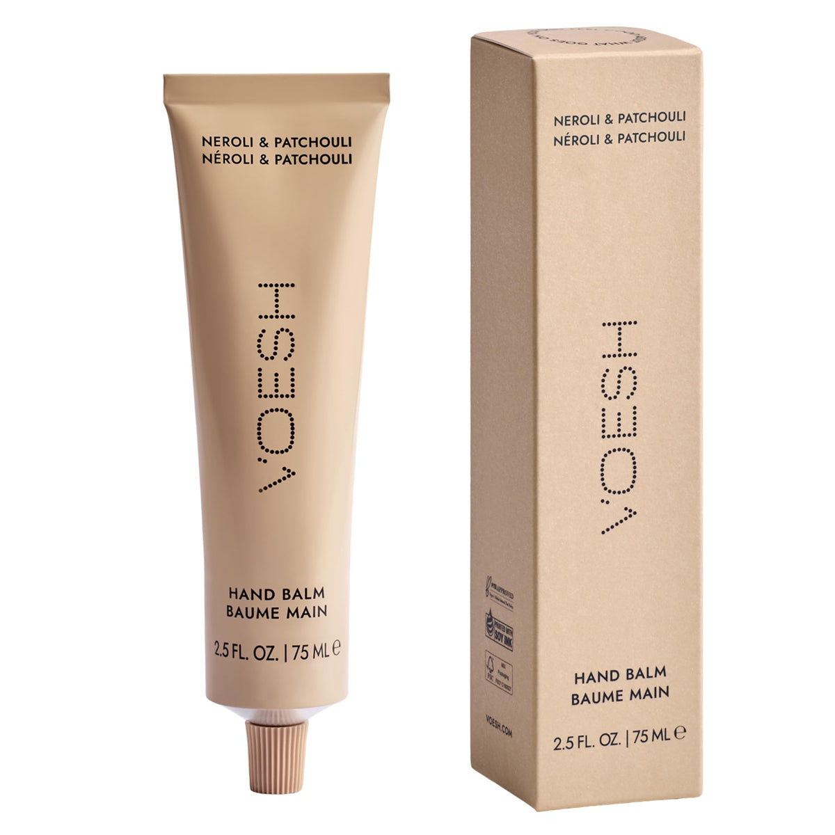VOESH Neroli Patchouli Hand Balm packaging highlights travel-friendly hydration for dry hands.