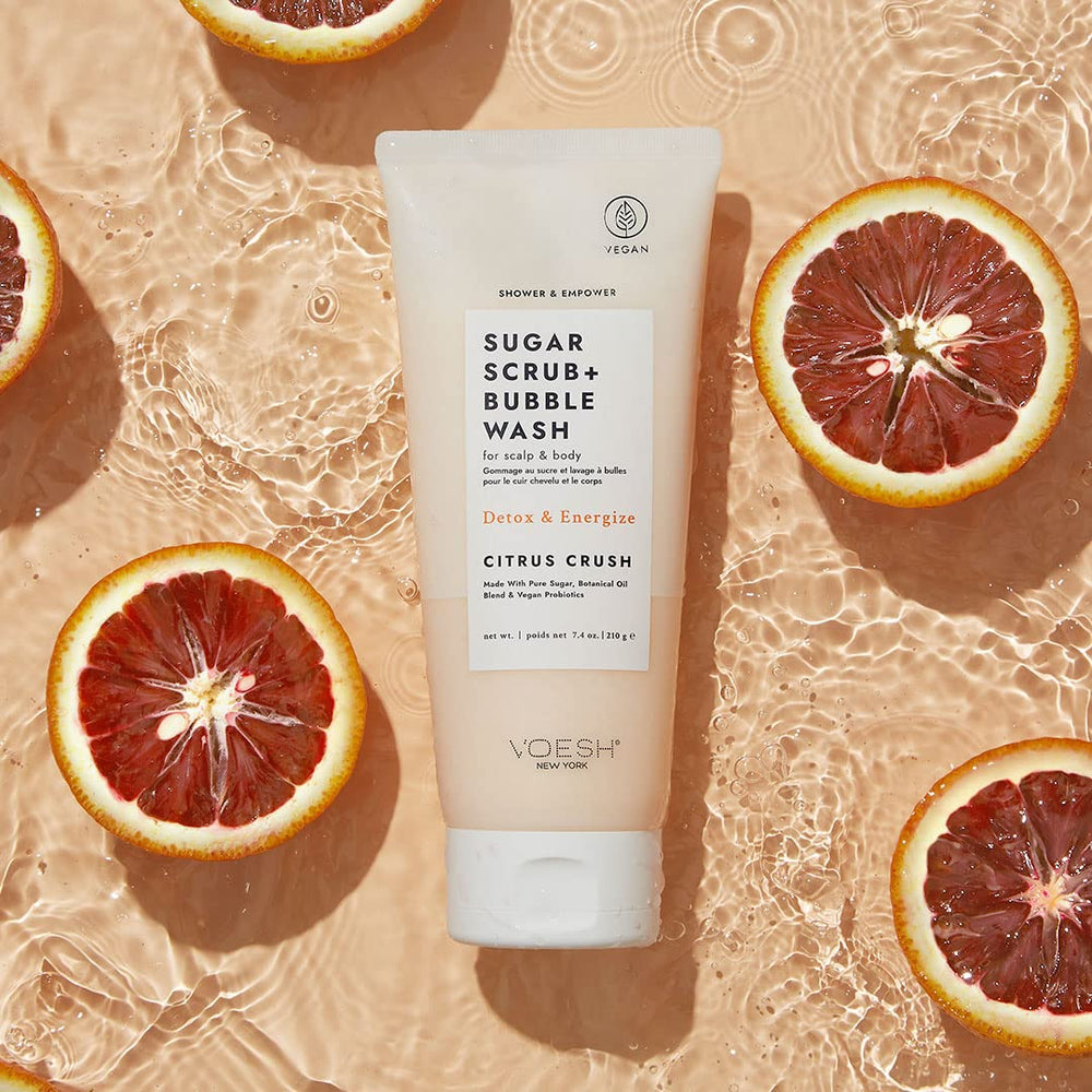 Close-up of VOESH Citrus Crush scrub texture ready for exfoliation.