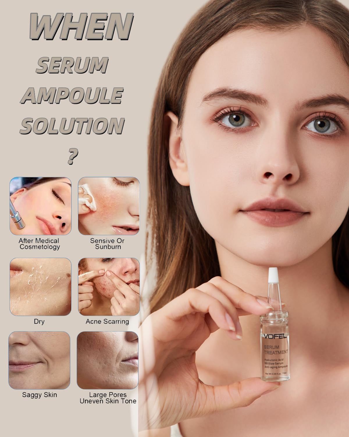 VOFEL hyaluronic acid serum ampoules highlight plump hydration and smoothing benefits.