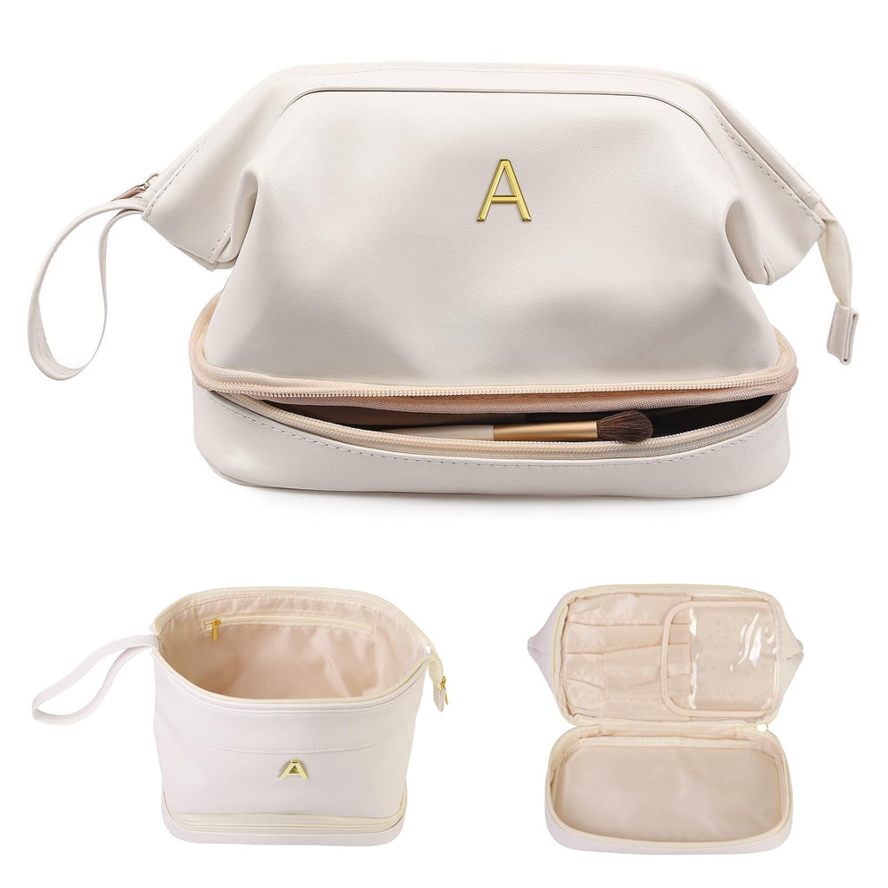 Vogewood initial large makeup bag with separated compartments for easy organization.